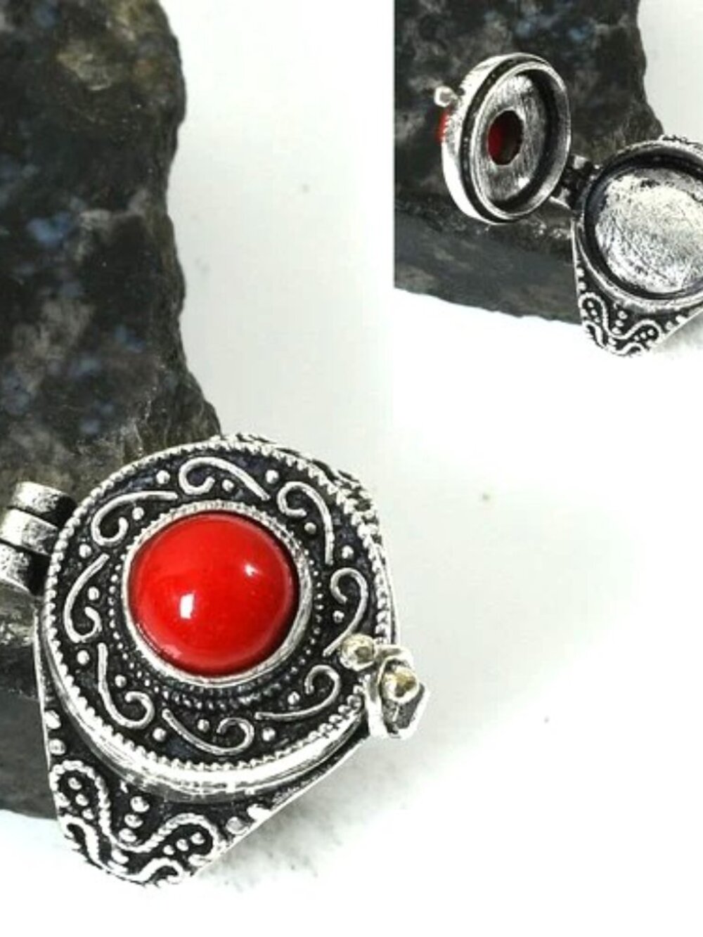 Poison Box Ring Coral Gemstone Sterling Silver Size 8